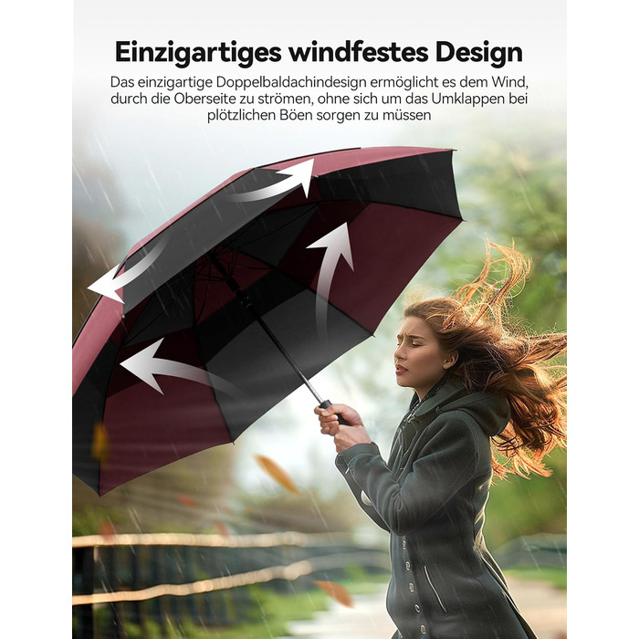 TECKNET Головний парасолька велика XXL, гольф-парасолька 68 дюймів, стійка до вітру, з подвійною конструкцією, вентильована, з великою ручкою EVA, для жінок та чоловіків, чорна та червона, діаметр 150 см