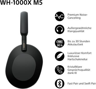 Навушники Sony WH-1000XM5 з шумозаглушенням, Bluetooth, чорні - преміум якість, Hi-Res Audio, до 30 год роботи, з кейсом
