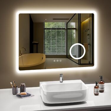 Дзеркало для ванної кімнати з підсвічуванням 80x60 см, 3 кольори, регулювання яскравості, протитуманне покриття, 3x збільшення, розетка для гоління, IP44, для горизонтального/вертикального монтажу