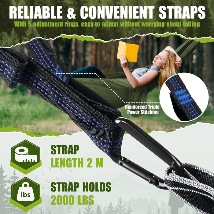 Легка гамак для відпочинку на природі | Гамак для кемпінгу та подорожей, 300 кг, дихаючий, швидковисихаючий, нейлон, 270x140 см