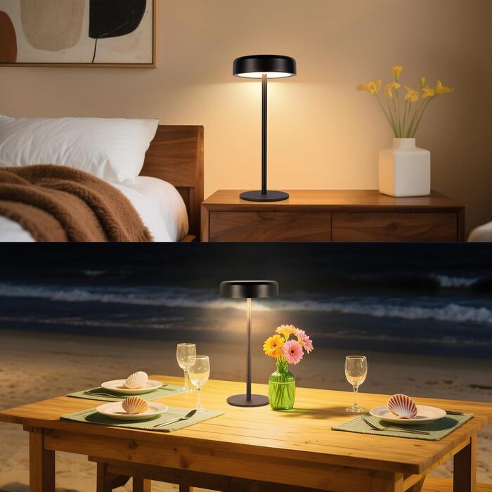 Настільна лампа на сонячній батареї з акумулятором LED, 2 шт, чорна. Бездротова, з димером, USB зарядка, IP44 для дому та вулиці