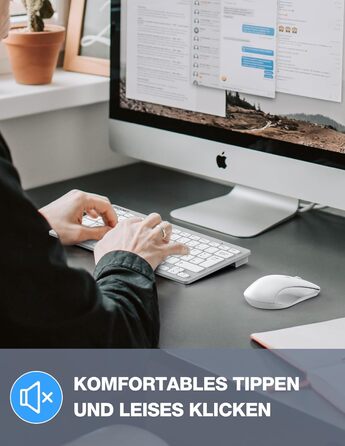 Бездротова клавіатура та миша TECKNET QWERTZ, 2.4 GHz, 15м, тиха, для ПК, ноутбука, Smart TV, білий/сріблястий