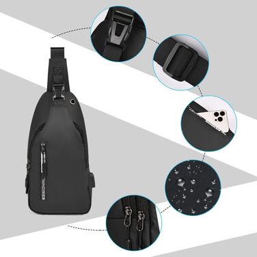 Чоловіча нагрудна сумка-слінг Brusttasche з USB-портом для зарядки, водонепроникна, чорна (#3 B)