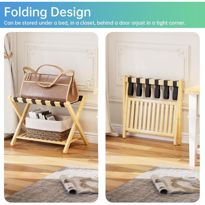 SMIBUY Luggage Rack, Foldable Bamboo Suitcase Stand with Storage Compartments for Guest Rooms, Bedrooms, Hotels, Heavy Duty (Natural Color)