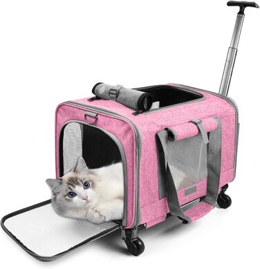 Переноска для тварин ALLSOPETS з колесами для котів та собак, схвалена для авіаперельотів, з висувним ручками, знімними колесами та плечовим ременем, рожева