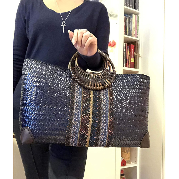 Rotfuchs Women's Bag Handbag Straw Bag Shopping Bag Beach Bag Handmade from Rattan Marine 50 cm