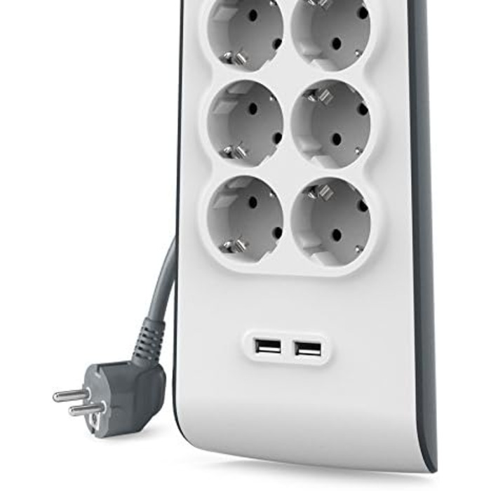 Мережевий фільтр Belkin з 8 розетками, захистом від перенапруги та USB-портами (2.4A), 2 м кабелю, для дому та офісу