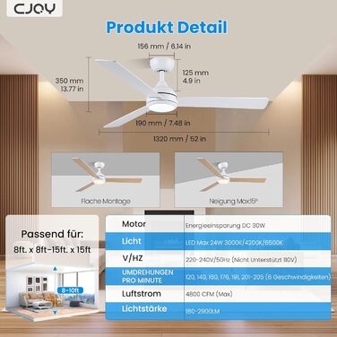Стеляний вентилятор CJOY з підсвічуванням, 107 см, з пультом керування, тихий, DC, реверсивний, пам'ять 3CCT, диммування, 6 швидкостей, таймер для спальні (132 см, білий)