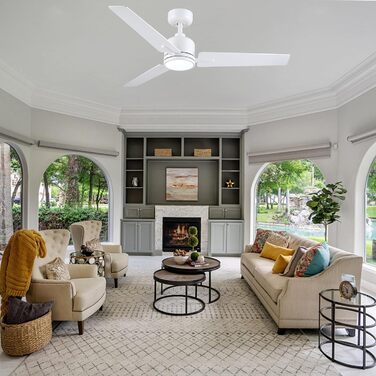 Стеля вентилятор Newday 122см з підсвічуванням та пультом керування, тихий, DC мотор, реверс для спальні/вітальні (білий, дерево)