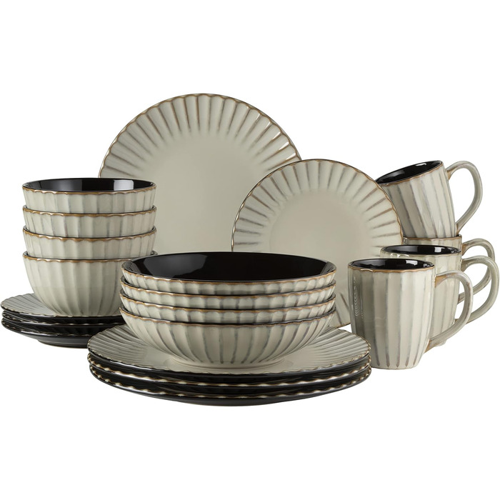MÄSER Confino Dinnerware Set - 20 Piece Ceramic Tableware Set for 4 - Beige & Black Vintage Style Stoneware
