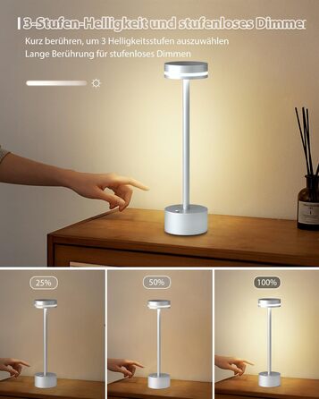 LED настільна лампа з акумулятором, бездротова, з торшером, повне алюмінієве тіло, 3 режими регулювання яскравості, акумулятор 4000mAh, тепле світло 3000K, для обіднього столу, вітальні (срібна)