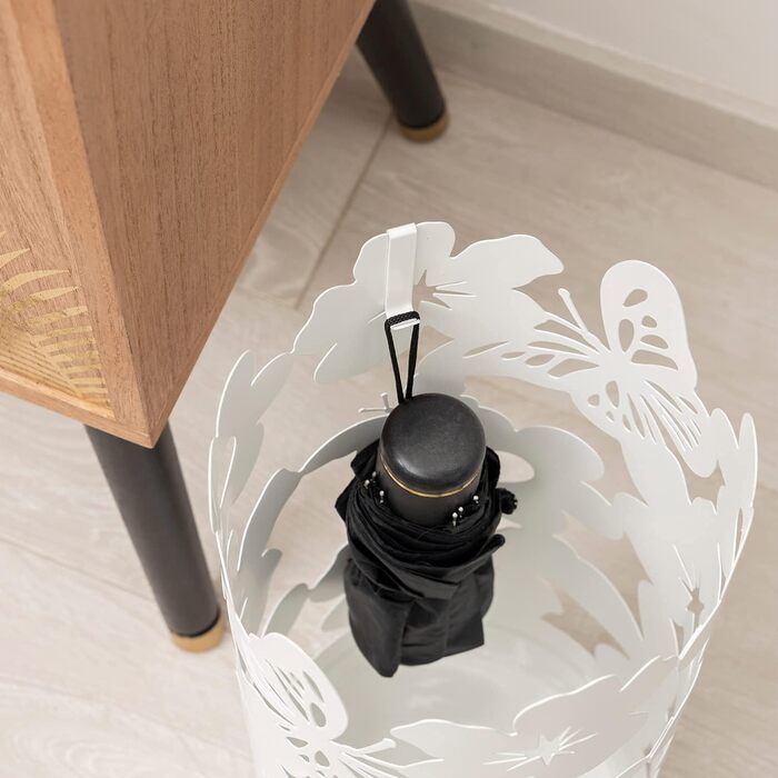 Підставка для парасольки Baroni Home - сучасний дизайн, металева, з квітами, 2 гачки, знімний контейнер, білий (19 x 19 x 49 см)