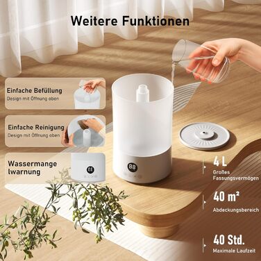 Увлажнитель воздуха для спальни, 4л, ультразвуковой, тихий, с пульт. дистанційного керування, автовимкнення, таймер, 40год, для дитячої кімнати, офісу, рослин