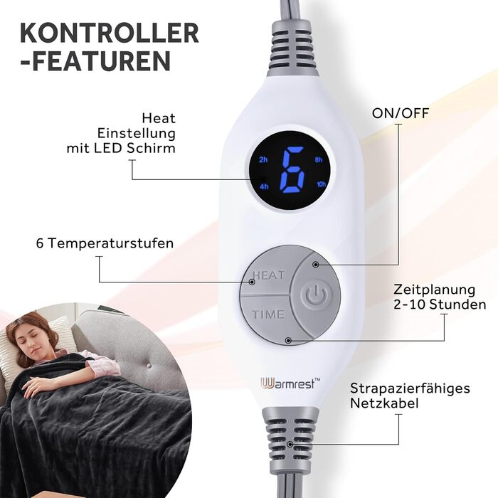 Електрична ковдра Warmrest, фланель, 130x180 см, 6 температурних режимів, таймер 1-10 год, автовимкнення та захист від перегріву, можна прати, сірий колір