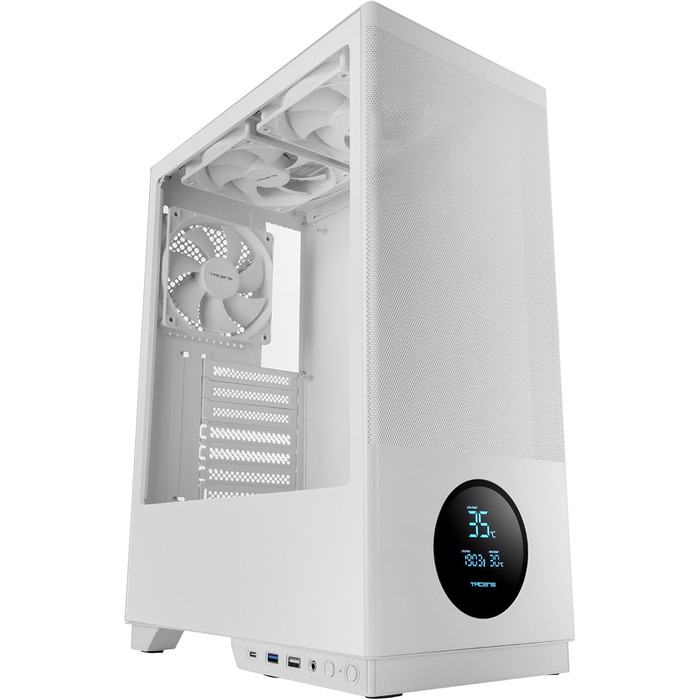 Корпус ПК Tacens SAGITTA20 з LED-дисплеєм, 3 вентилятори 120мм, загартоване скло, сітчастий фільтр, USB-C, чорний