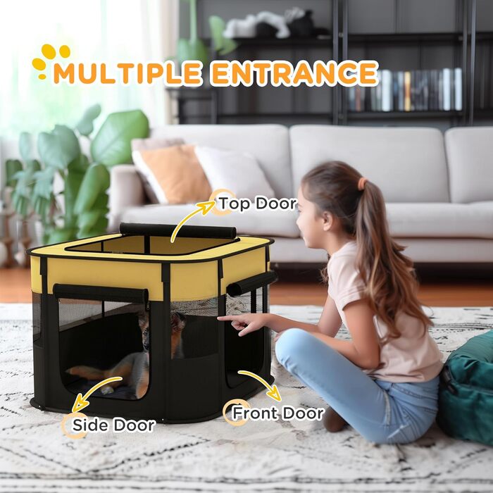 Клітка для собак PawHut, 94 x 74 x 60 см, розмір S, жовта, складана, з сумкою для зберігання