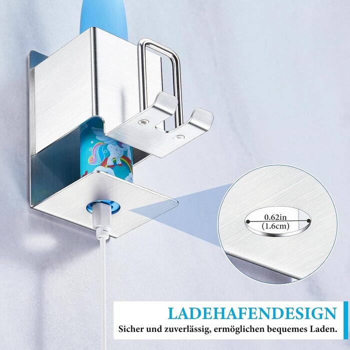 Настінний тримач для зубних щіток (2 шт.), без свердління, для електричних зубних щіток, самоклеючий, срібний