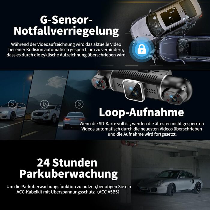 Відеореєстратор в авто Dash Cam 2K/1080p з 64GB SD-картою, 4 камери, IPS-дисплей 3