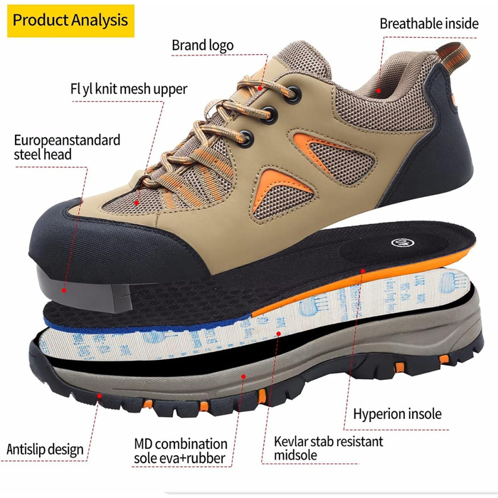 Черевики робочі чоловічі/жіночі, захисні, легкі, дихаючі, антиковзкі, зі сталевим підноском (Хакі, 37 EU)