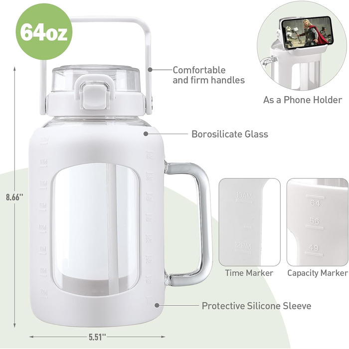 2 Liter Glass Water Bottle with Handle, 2L Glass Pitcher with Straw and Lid, Motivational Sports Water Jug with Time and Volume Markings, Leak-Proof, Light Green (White, 1800 ml)