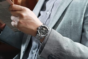 Годинник чоловічий OLEVS автоматичний золотий чорний механічний на зап'ястя з турбійоном, календарем, водонепроникний, світлодіодна, двоколірна модель для чоловіків (срібло/чорний)