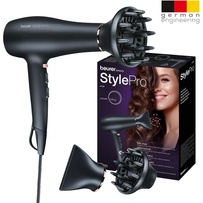 Фен Beurer HC 50 Ionen 2200 Вт з іонізацією, насадка для укладки та дифузор для об'єму