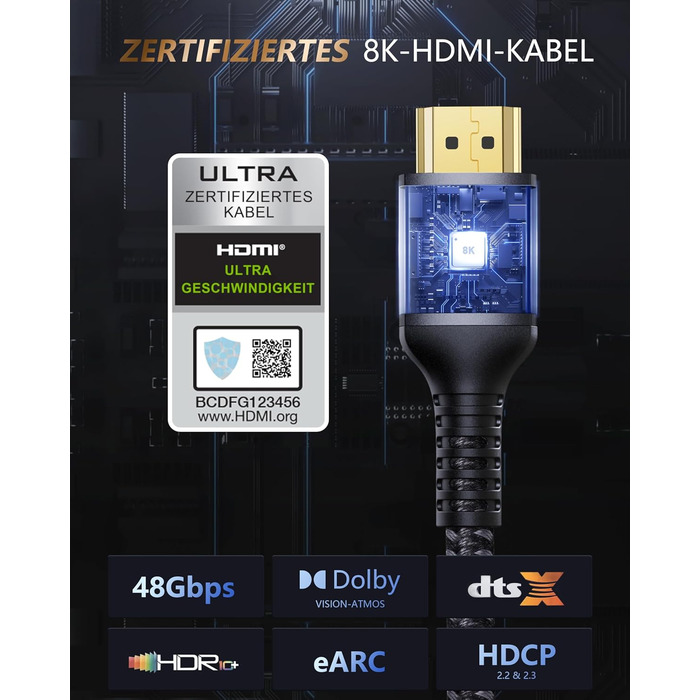 HDMI кабель Stouchi 2м 8K 4K Ultra High Speed з підтримкою eARC HDR10, 48Gbps, 144Hz, сумісний з RTX 3080, PS5, Xbox Series X, Fire TV, Roku TV, Samsung, Sony, LG (сірий)