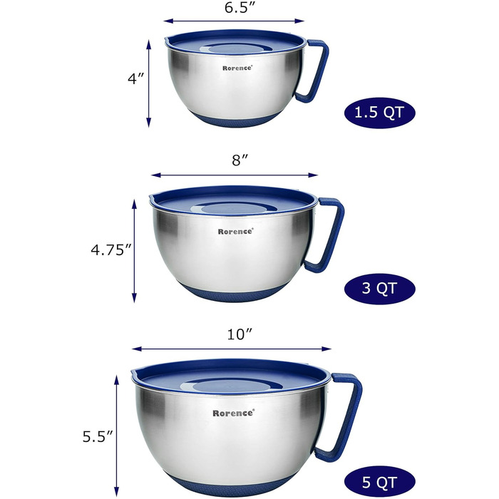 Rorence Stainless Steel Mixing Bowls with Pour Spout, Handle, and Lid, 3-Piece Set, Blue