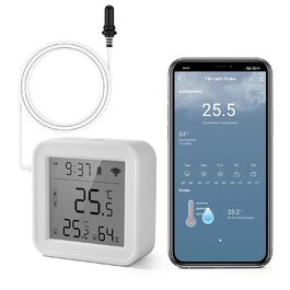 eMylo Thermometer Indoor/Outdoor, Hygrometer Wi-Fi App Alert, Data Export Freezer Aquarium Thermometer Digital for Refrigerator, Aquarium, Baby Room, Aquarium Accessories, White 5.6 * 5.6cm