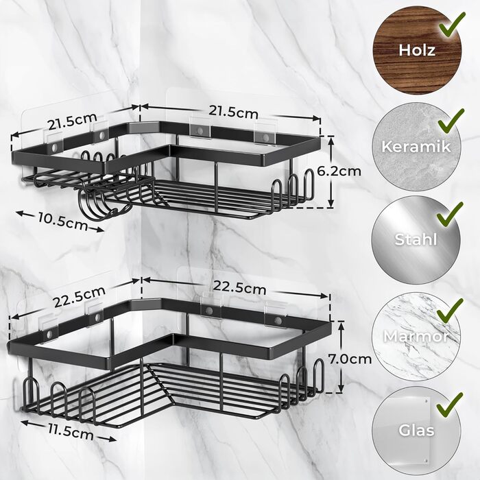 Настінна поличка для душу без свердління - 2 шт. | Дзеркальна | Чорна | Набір для зберігання в ванній кімнаті, органайзер для шампуню, душовий кошик