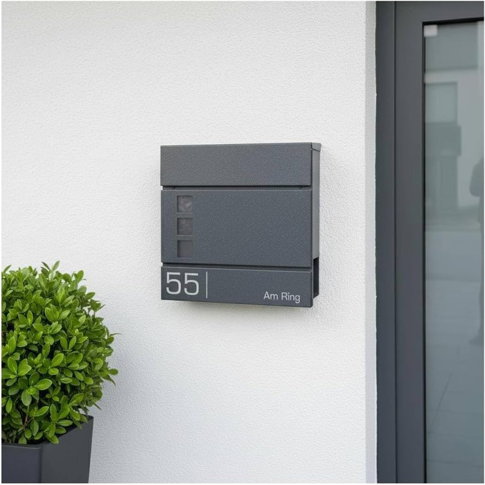 Поштова скринька Metzler Cube Anthrazit RAL 7016 з лазерним гравіюванням адреси та номера будинку, з газетницею та вікном - 37x37x10.5 см (Db703 Eisenglimmer)