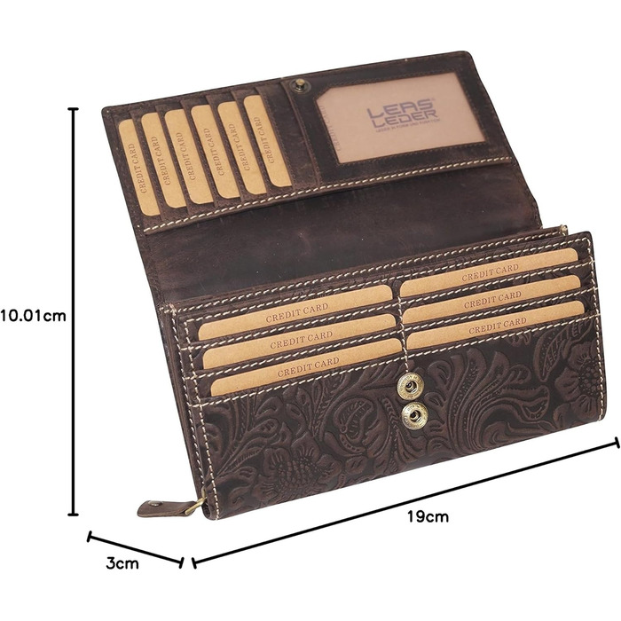 LEAS Women's Long Wallet Natural RFID Protection Genuine Leather, Dark Brown Vintage Collection