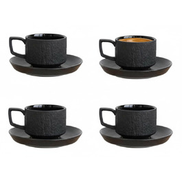 Набір з 4 чашки для еспресо Saumo з підставками, кераміка, 100 мл, чорний колір, сучасний дизайн. Ідеально для еспресо та кавових напоїв вдома, в офісі та на особливих заходах.