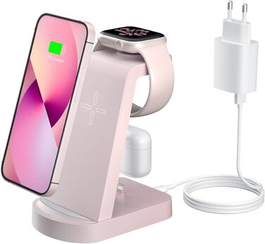 Бездротова зарядка 3 в 1 з адаптером 18W, сумісна з iPhone, Apple Watch, AirPods (Рожева)