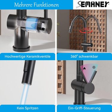 Кран кухонний високого тиску SEMANEY з висувною лійкою, поворотний на 360°, одноручковий, матовий чорний