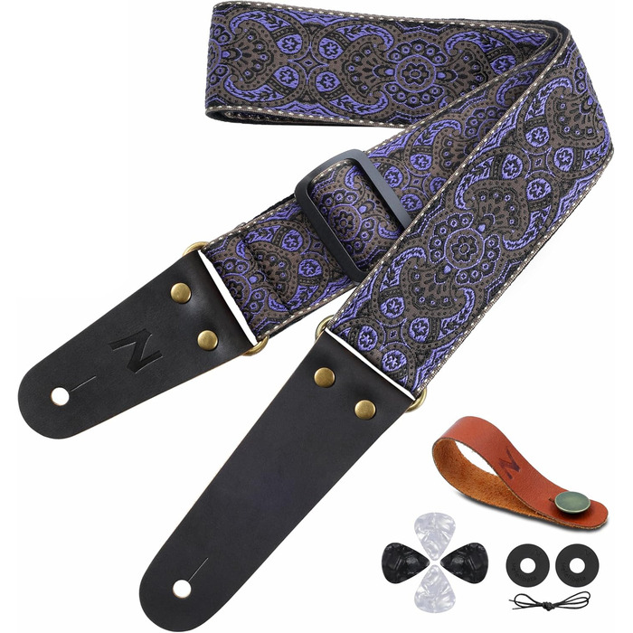 Гітарний ремінь Nefelibata Vintage з вишивкою, з натуральною шкіряною обробкою. Підходить для бас-гітари, електрогітари та акустичної гітари. У комплекті: кнопка для ременя, 2 фіксатори та 4 медіатори. Колір: аметистовий (#lila)