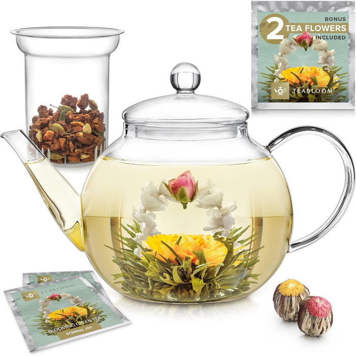 Скляний чайник Teabloom 1,2 л з фільтром, термостійкий, для чаю, для мікрохвильовки, 2 чайні квітки в комплекті