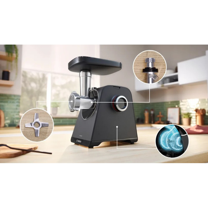 М'ясорубка Bosch MFWS440B: 3 диски, 4 тертки та насадка-наштовхувач
