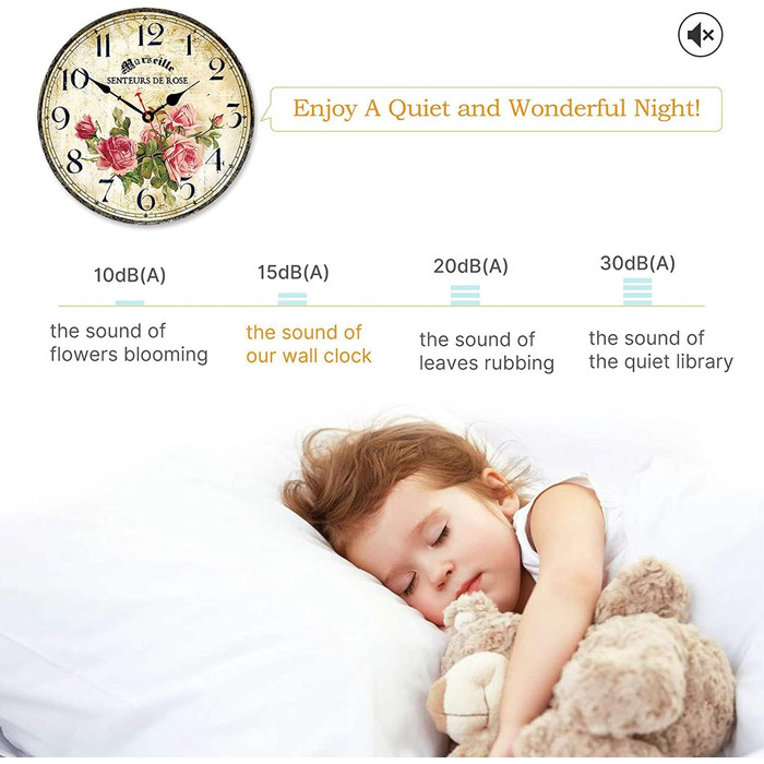 Toudorp Wooden Wall Clock, Arabic Numerals, Easy to Read, Silent Wall Clock, Retro, Battery Operated, Cafe and Flower Pattern, Decorative Wall Clock for Bedroom, Living Room, Dining Room (Pink Roses, 8 inches)