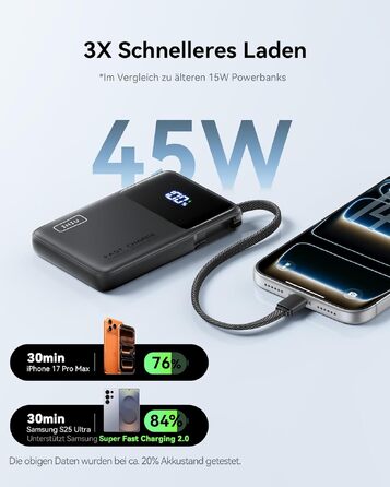 Повербанк INIU 45W 10000mAh з вбудованим кабелем USB-C, швидка зарядка для iPhone 16 17 Pro, Samsung S22, Xiaomi, iPad, чорний