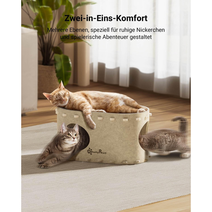 Felt Cat Cave, Felt Cat House, Cat Bed, Cat Cave for Cats, 58 x 33 x 30cm, Peek-a-Boo for Play, Winter-Proof, Nail Protection, Beige