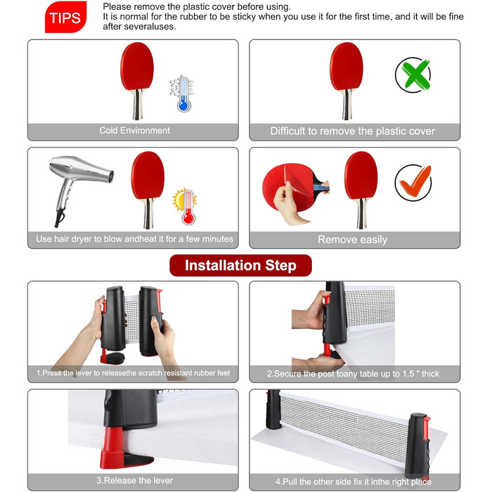 Набір для настільного тенісу KIMIGO: 2 ракетки, 6 м'ячів, сітка та сумка. Підходить для початківців та професіоналів, для гри в приміщенні та на вулиці