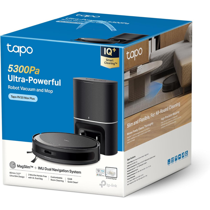 Робот-пилосос Tapo RV20 Max Plus з функцією миття та автоматичною станцією самостійного очищення, 5300Pa потужність всмоктування, 83 мм товщина, сумісний з Alexa & Google Assistant, керування через додаток