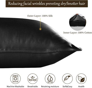 Silk 22 Momme Silk Pillowcase Set of 2, 100% Mulberry Silk Pillowcase for Hair and Skin with Envelope Closure, Soft and Smooth Silk Pillowcase, 50 x 66 cm Black