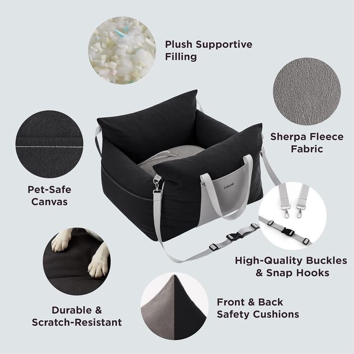Pet Car Seat for Small Dogs - Waterproof and Washable Dog Car Seat with Storage Pockets, Detachable Safety Leash, and Thickened Memory Foam Filling, 58x56x33cm, (Black)