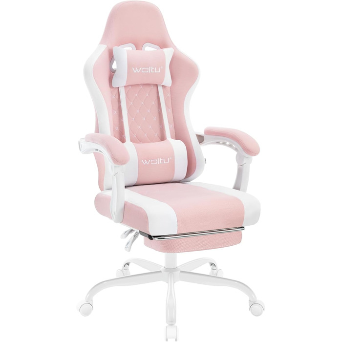 WOLTU Gaming Chair with Massage Function, Computer Chair with Pocket Spring Cushion, Ergonomic Gamer Recliner, Swivel Chair with Headrest, Lumbar Pillow, Footrest, Mesh Fabric, Pink+White, GS15rsw Pink+White Mesh Fabric