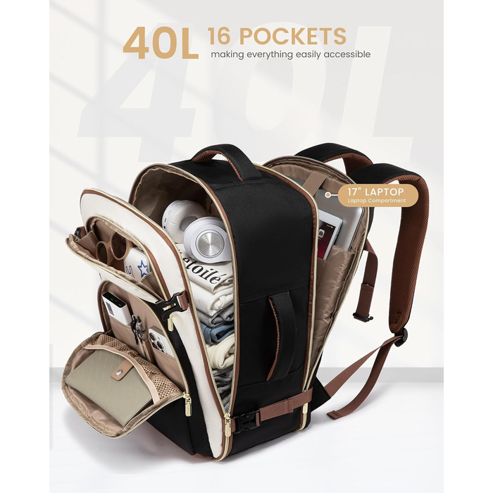LOVEVOOK Рюкзак ручної поклажі для подорожей, 40L, чорно-сіро-коричневий. Рюкзак для жінок та чоловіків, 17.3 дюйми, водонепроникний, для авіаперельотів, кемпінгу та бізнесу