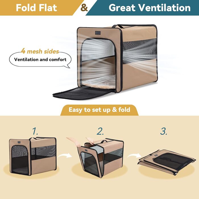 Транспортна переноска для собак Petsfit, розкладний бокс з м'якою підстилкою, M, 61x46x53.5 см, Khaki