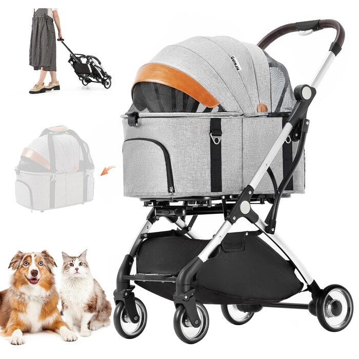 Візок для собак 3 в 1, візок для котів до 15 кг, сірий. Складаний візок для собак та котів з сумкою-переноскою, для маленьких та середніх тварин. З дощовим покриттям