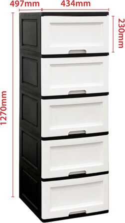 Chest of drawers 44x50x127 cm with 5 large XXL drawers, 40 liters per drawer, featuring fronts in beautiful candy colors and a modern look. Made from recyclable PP plastic (Black / White, Pine) for the environment.